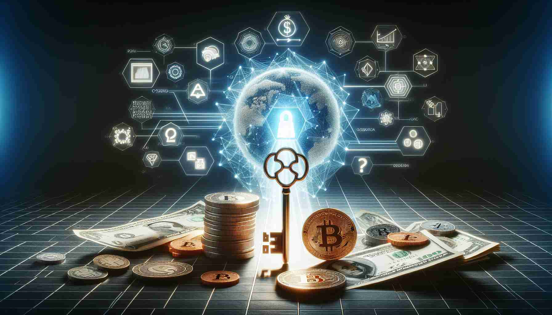 High definition, realistic image portraying the concept of wealth management in the era of cryptocurrency. This can be represented by a staging that includes elements such as cyberspace, cryptographic languages, and symbolic financial objects such as coins or bank notes evolving into digital form. A key, symbolizing unlocking, should be centrally placed and integrated into the visual narrative.