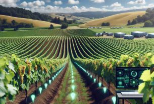 An ultra high-definition, realistic image of a sprawling Virginia vineyard. The rolling hills are carpeted with a uniform blanket of healthy vine plants, with clusters of ripe grapes glowing under the sunny sky. Markers in the soil, possibly for soil sensors or irrigation systems for crop management, are discreetly embedded among the plants. Most intriguingly, a modern, sleek computer station is nestled at one side of the vineyard, screens displaying what looks like blockchain data and other contemporary farming analytics. The juxtaposition between the traditional agricultural setting and the futuristic technology hints at innovative farm management methods being employed.