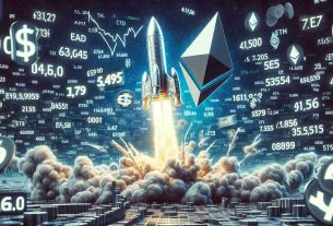 A highly detailed image, in realistic style, of a symbolic representation of Ethereum cryptocurrency showing signs of robust growth. This can be depicted through a rocket taking off amidst a storm of numbers and financial symbols, with an ETF ticker prominently shown. The environment can be a dynamic and active financial market setting, with colors leaning toward Ethereum's brand tones such as ultramarine, white, and black.