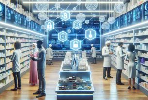 High definition, realistic image illustrating the impact of Blockchain innovation on the pharmaceutical industry in Nigeria. The scene could feature a modern pharmacy filled with advanced technology and digital interfaces showcasing blockchain usage. Maybe, there are people of various genders and descents, such as a Middle-Eastern male pharmacist and a South Asian female customer, interacting and discussing healthcare solutions. Include symbolic elements such as large screens displaying interconnected nodes, symbolizing blockchain, secure medicine storage, and digital receipts to emphasize the technology's role.