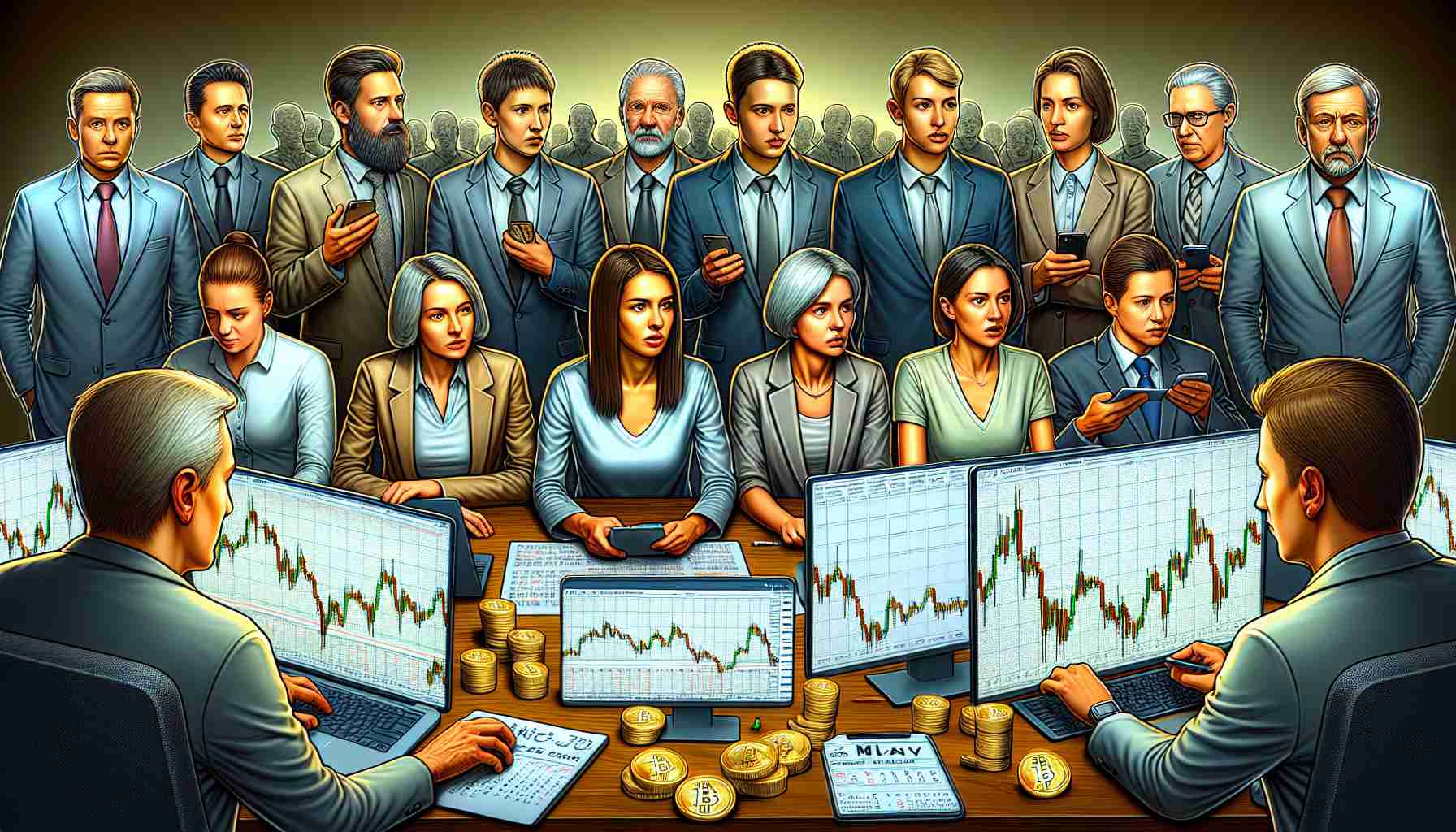 A high-definition realistic illustration depicting a diverse group of individuals who are long-term Bitcoin investors. These individuals possess a range of emotions, reflecting their decision to instigate an unprecedented sell-off in the month of May. Specific elements such as a variety of computers and smartphones displaying Bitcoin price charts, a calendar with the month of May clearly visible, and an array of sell buttons on the devices should be included.