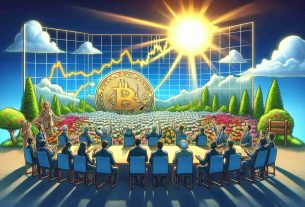 A high definition, realistic image of a positive and persistent atmosphere surrounding Bitcoin's market standing. The scene should feature symbols of optimism such as the rising sun, blooming flowers and a clear sky. Depict Bitcoin iconography such as the Bitcoin logo and a bullish stock market chart. Please also include diverse groups of people looking at the chart with hopeful expressions, representing varying global investors, perhaps adding a peaceful negotiation table as a symbolism.