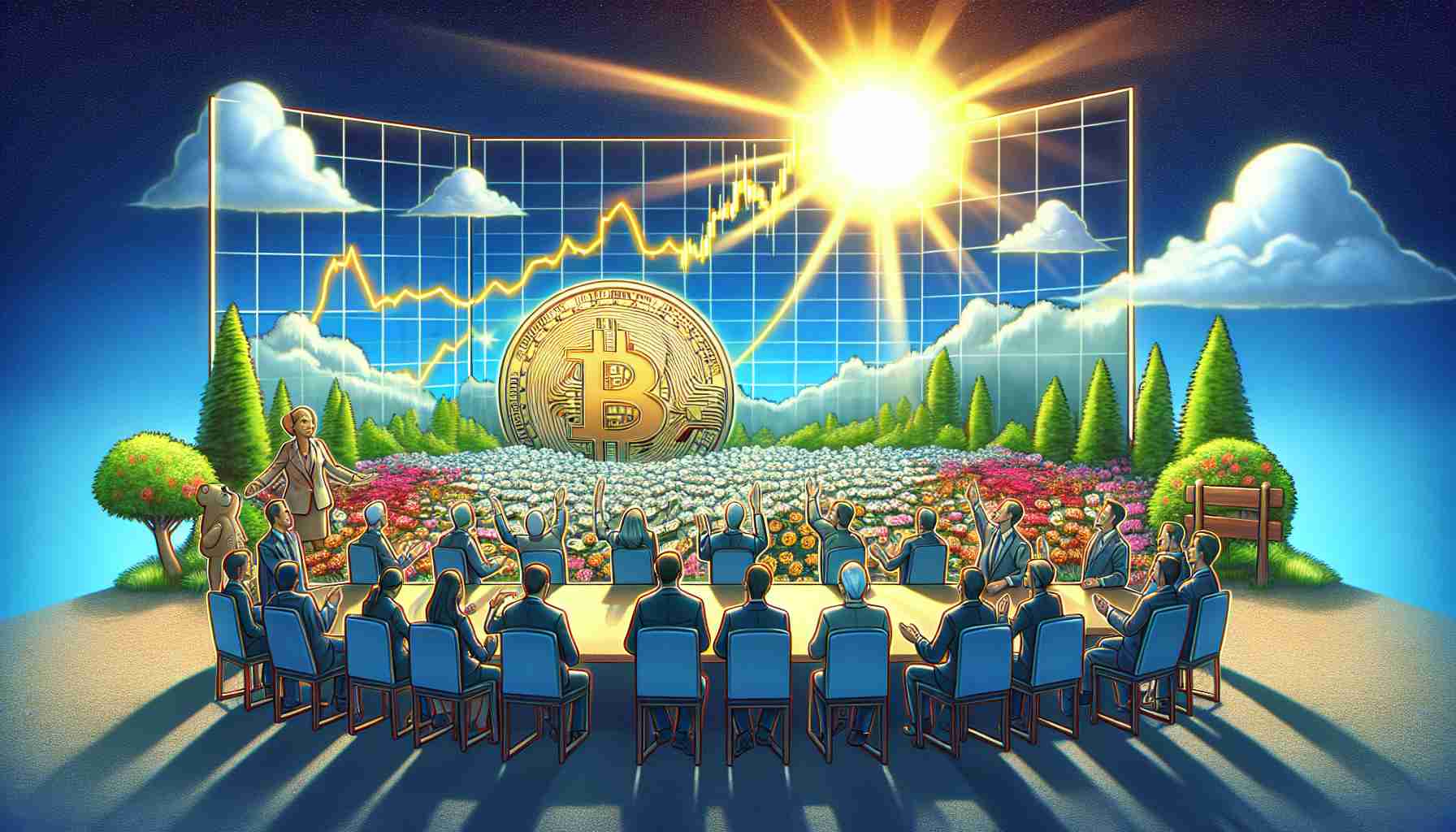 A high definition, realistic image of a positive and persistent atmosphere surrounding Bitcoin's market standing. The scene should feature symbols of optimism such as the rising sun, blooming flowers and a clear sky. Depict Bitcoin iconography such as the Bitcoin logo and a bullish stock market chart. Please also include diverse groups of people looking at the chart with hopeful expressions, representing varying global investors, perhaps adding a peaceful negotiation table as a symbolism.