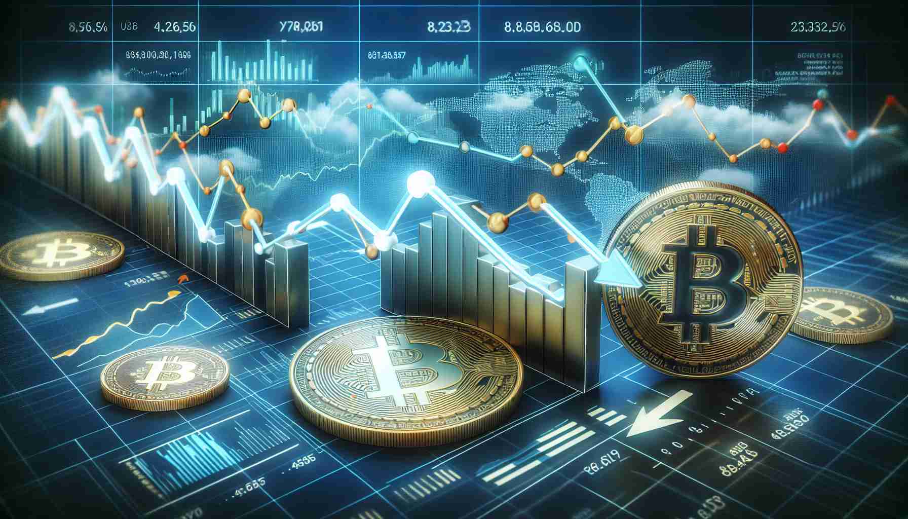 A high-definition, realistic image depicting a bitcoin market analysis that anticipates a potential correction. The diagram should show cryptocurrency statistics, such as graphs and charts, indicating a potential downward trend or adjustment in the value of Bitcoin.