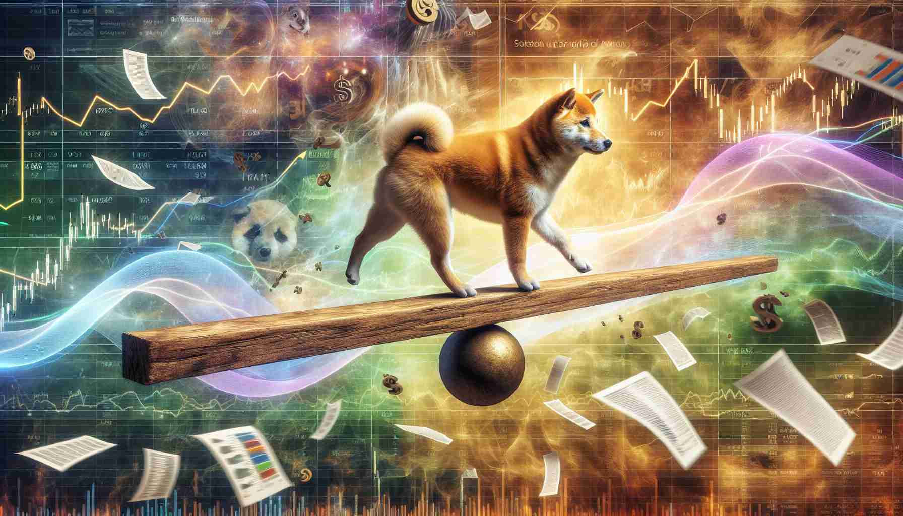 Create a highly realistic image of a golden Shiba Inu dog balancing on a large, firm beam, meant to symbolize key support. Surround the scene with the look of a dynamic, unpredictable stock market environment, filled with symbolic elements such as fluctuating arrows, market value boards and a whirl of papers, expressing the sense of market uncertainty.