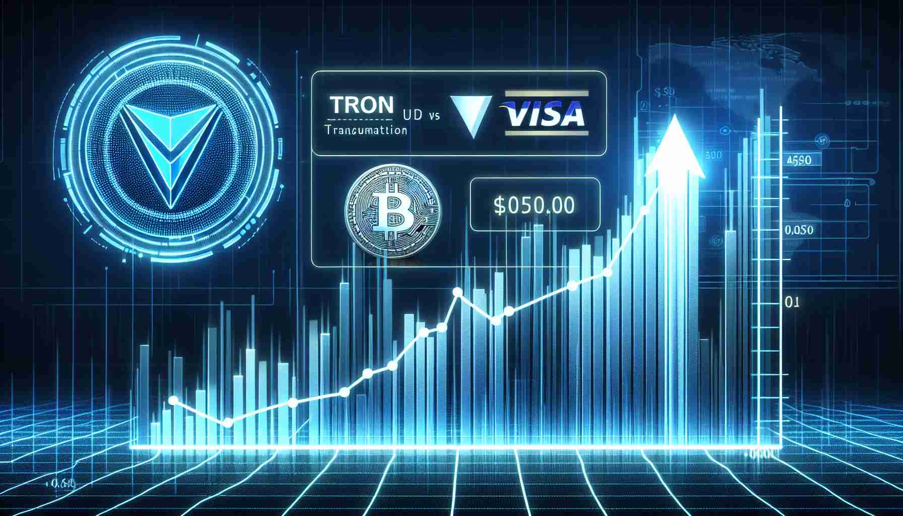 Generate a realistic HD image that visualizes the statistic of cryptocurrency TRON's USDT gaining ground over Visa in daily transaction volume. The image should contain sleek digital aesthetics with sharp lines in shades of futuristic blue. Intuitively show the transaction frequency comparison using two distinct graphical elements – one representing TRON's USDT, a potent cryptocurrency; and the other representing Visa, a traditional financial service. Avoid logos or brand symbols. Present the digital currency transactions as a rising surge, while Visa's usual dominance is subtly depicted as steadying or even falling.