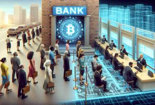 A high definition, realistic depiction of the revolutionization of retail banking by blockchain technology. The image should present a brick-and-mortar bank transitioning into a modern, digital institution. On one side, represent traditional banking filled with paperwork, long queues of diverse customers - a Hispanic middle aged woman, a young Black man, and an older Caucasian gentleman. On the other side, show the digital transformation, with visible symbols of blockchain - interconnected blocks and chains - and diverse bank employees - a South Asian woman, a Middle-Eastern man - working on computers, focusing on customer service with remarkable efficiency.