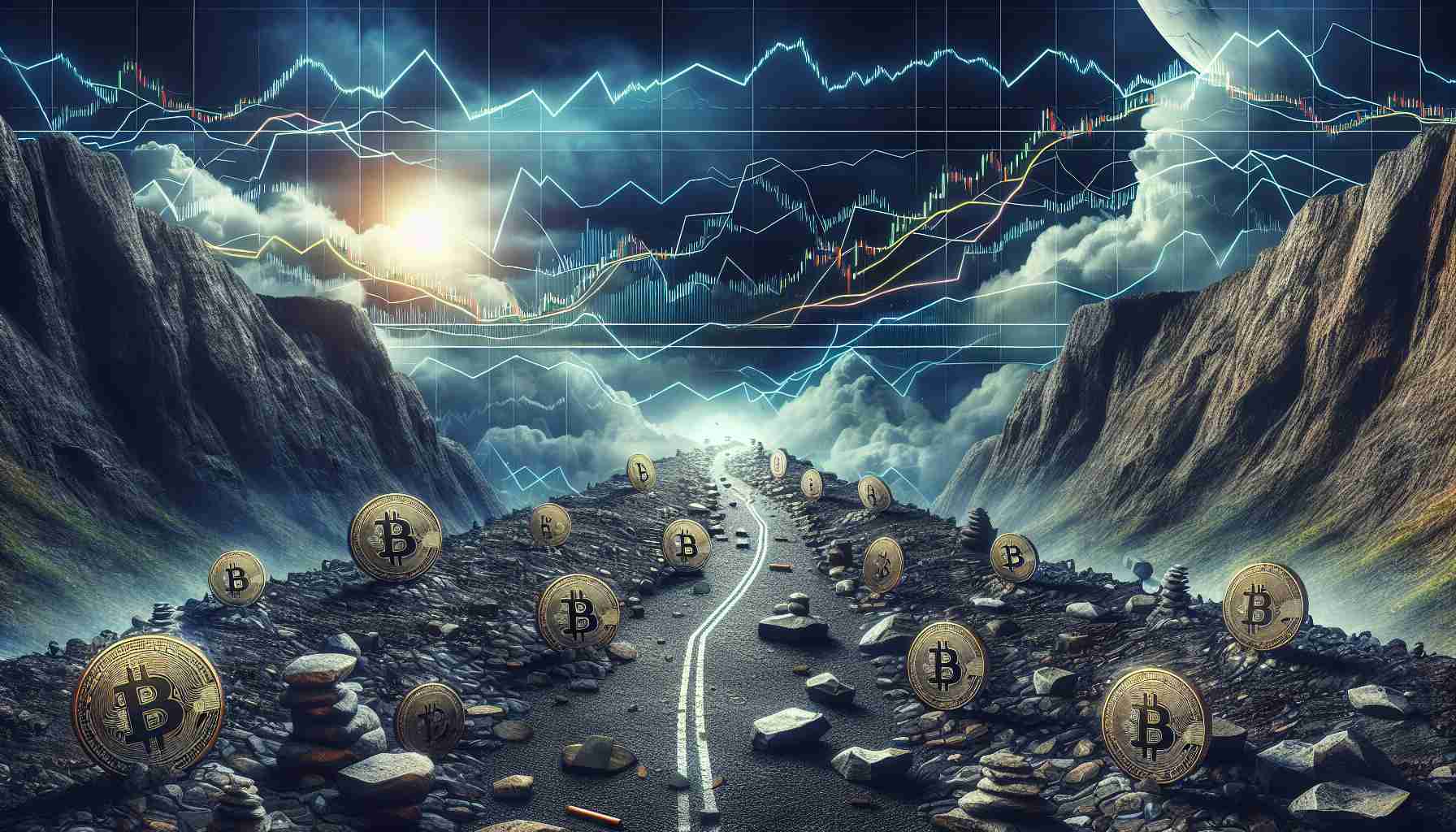 Generate a highly detailed, realistic image demonstrating the concept of a challenging path ahead for alternative cryptocurrencies. Picture these alternative currencies as symbolic objects, journeying on a rocky, uphill road under a stormy sky, highlighting the market volatility and unpredictability. Surround this key scene with indicators of shifting market dynamics such as oscillating graphs, charts and arrows. The scene should convey the increasing competition and uncertainty they are facing.