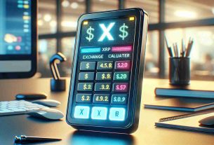 Create a realistic, high-definition illustration of a digital exchange calculator recognizing XRP as a currency. The exchange calculator should have a slick, contemporary design with a vibrant, illuminated screen displaying XRP among a list of other recognized currencies. The setting for this image should be a modern office environment with a desk, computer, and other typical office supply items slightly blurred out in the background to focus on the calculator.