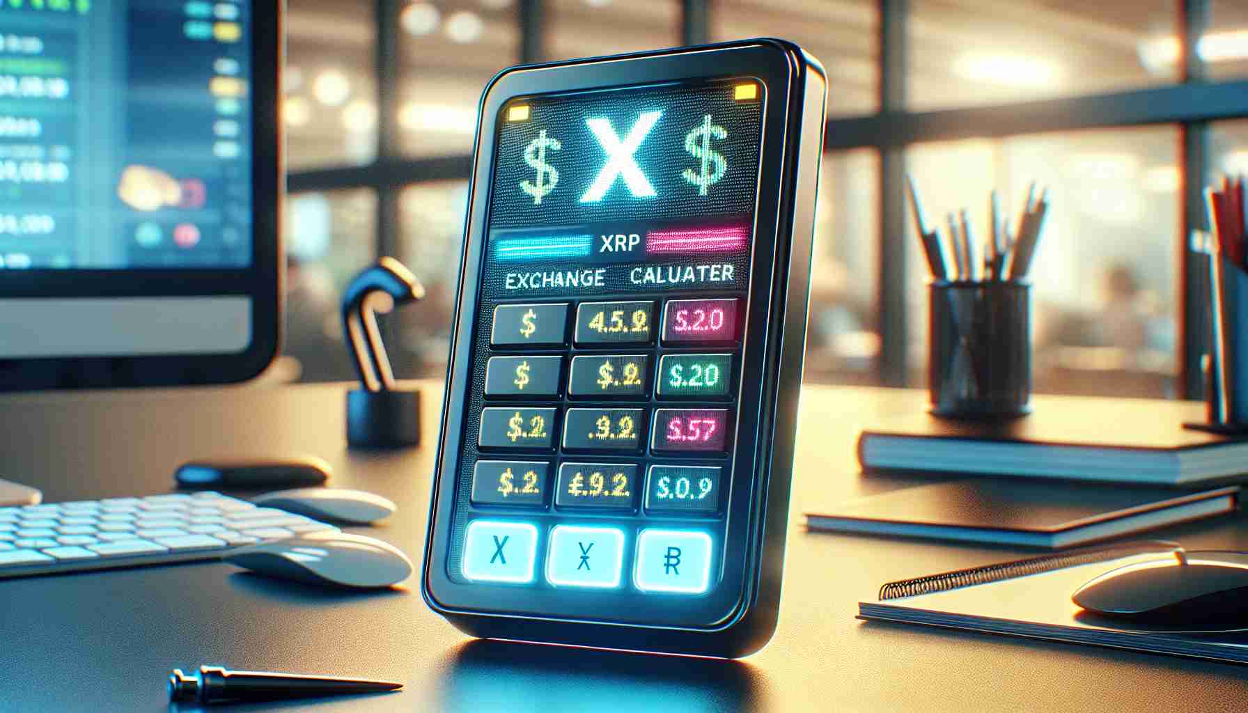 Create a realistic, high-definition illustration of a digital exchange calculator recognizing XRP as a currency. The exchange calculator should have a slick, contemporary design with a vibrant, illuminated screen displaying XRP among a list of other recognized currencies. The setting for this image should be a modern office environment with a desk, computer, and other typical office supply items slightly blurred out in the background to focus on the calculator.