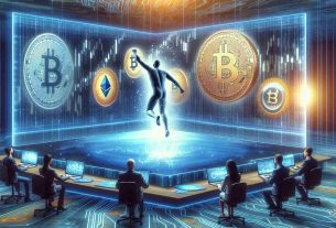 A realistic and high-definition photo illustrating a metaphorical scene where a personified entity, represented as a person of an undefined gender, is physically jumping into a digital pool filled with symbols of cryptocurrency. Beneath this sight, another group of people, of mixed gender and descent, are operating a new trading service which is portrayed as an advanced, modern looking computing system with streaming data and charts of various digital currencies.