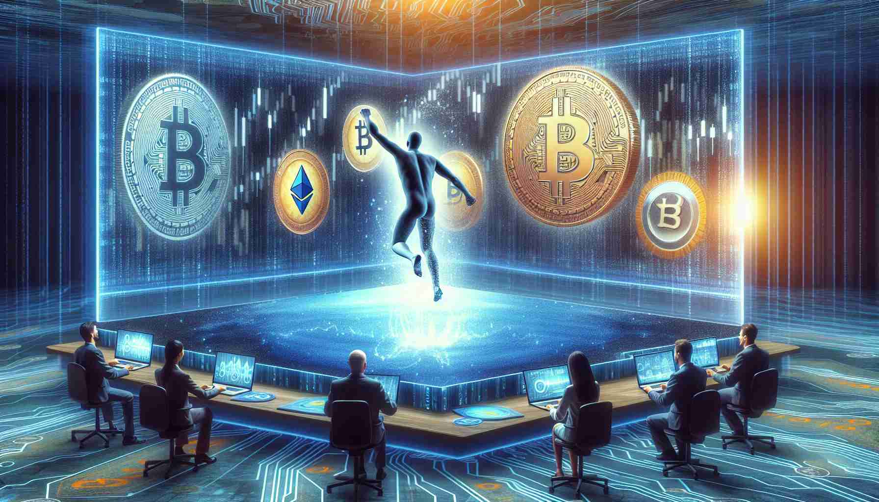 A realistic and high-definition photo illustrating a metaphorical scene where a personified entity, represented as a person of an undefined gender, is physically jumping into a digital pool filled with symbols of cryptocurrency. Beneath this sight, another group of people, of mixed gender and descent, are operating a new trading service which is portrayed as an advanced, modern looking computing system with streaming data and charts of various digital currencies.