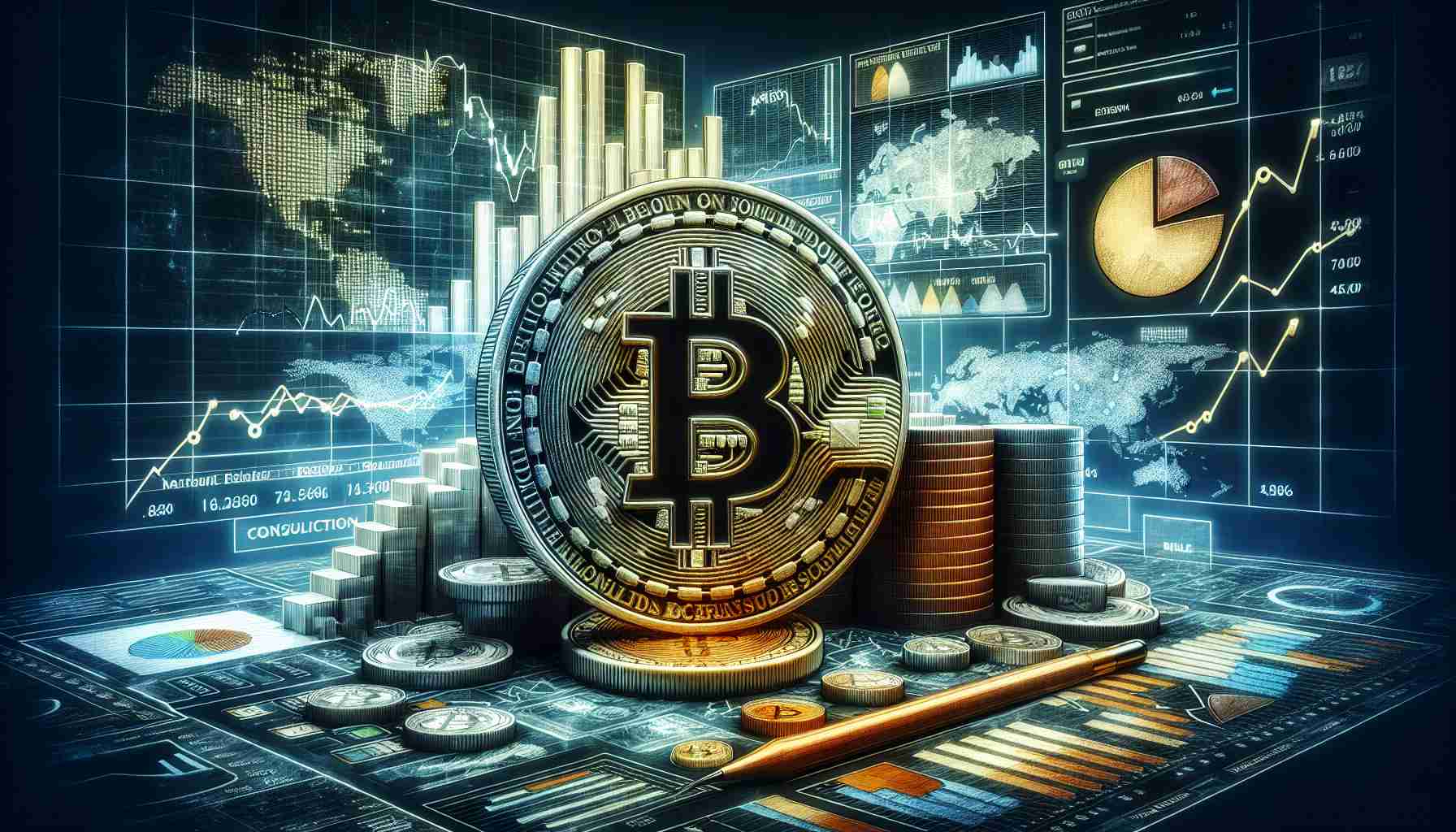 A high definition image representing the concept of Bitcoin's market consolidation expected to linger. The image consists of a detailed representation of a Bitcoin that looks very lifelike with its distinctive logo emblem in the center, set against a backdrop of various financial related elements such as bar and line graphs, pie charts etc, symbolizing market trends and fluctuations. The tone of the image should carry a sense of uncertainty or stagnation to reflect the idea of consolidation and lingering expectation.