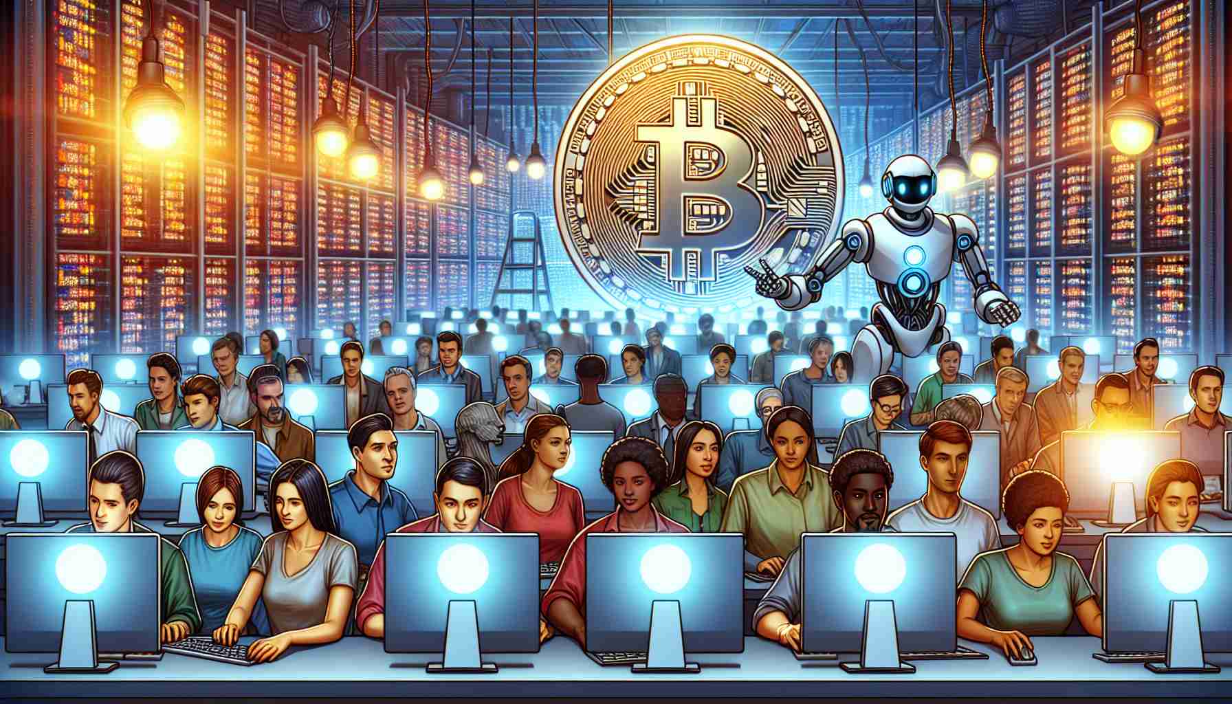 A high-definition illustration showing a metaphorical scene representing an increase in investors' interest in cryptocurrency mining due to advancements in artificial intelligence. Picture a large group of diverse individuals from different descents like Caucasian, Middle-Eastern, Hispanic, Black, and South Asian, of different genders, focusing intently on their computers. Behind them, a giant symbol of a Bitcoin is glowing brightly, indicating profits going up, related to the data displayed on the screens. In the background, there's a futuristic AI robot efficiently operating other mining computers, signifying the role of AI in expanding opportunities.