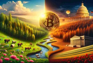 An HD image displaying the evolving landscape around Bitcoin, represented in a literal, physical landscape metaphor. A fertile valley, filled with ecosystem diversity that can represent innovation: wildflowers symbolizing fresh startups, a bustling river for data transfer, tall trees of established companies. Adjacent to it, the sober and orderly structure of government regulation, illustrated as a government building atop a golden hill casting its shadow over the valley. In the sky, a half-sun, half-Bitcoin coin casting its warm light over both innovation and regulation. The image should evoke a sense of balance between growth and structure.