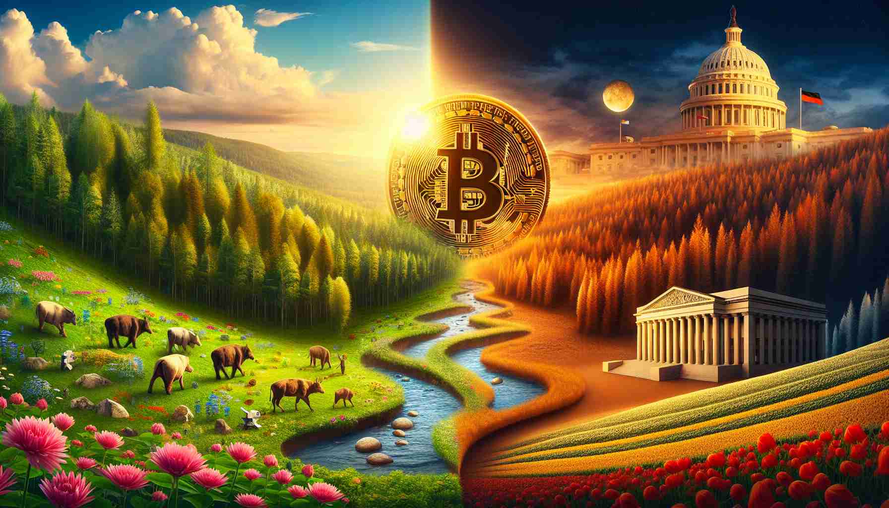 An HD image displaying the evolving landscape around Bitcoin, represented in a literal, physical landscape metaphor. A fertile valley, filled with ecosystem diversity that can represent innovation: wildflowers symbolizing fresh startups, a bustling river for data transfer, tall trees of established companies. Adjacent to it, the sober and orderly structure of government regulation, illustrated as a government building atop a golden hill casting its shadow over the valley. In the sky, a half-sun, half-Bitcoin coin casting its warm light over both innovation and regulation. The image should evoke a sense of balance between growth and structure.