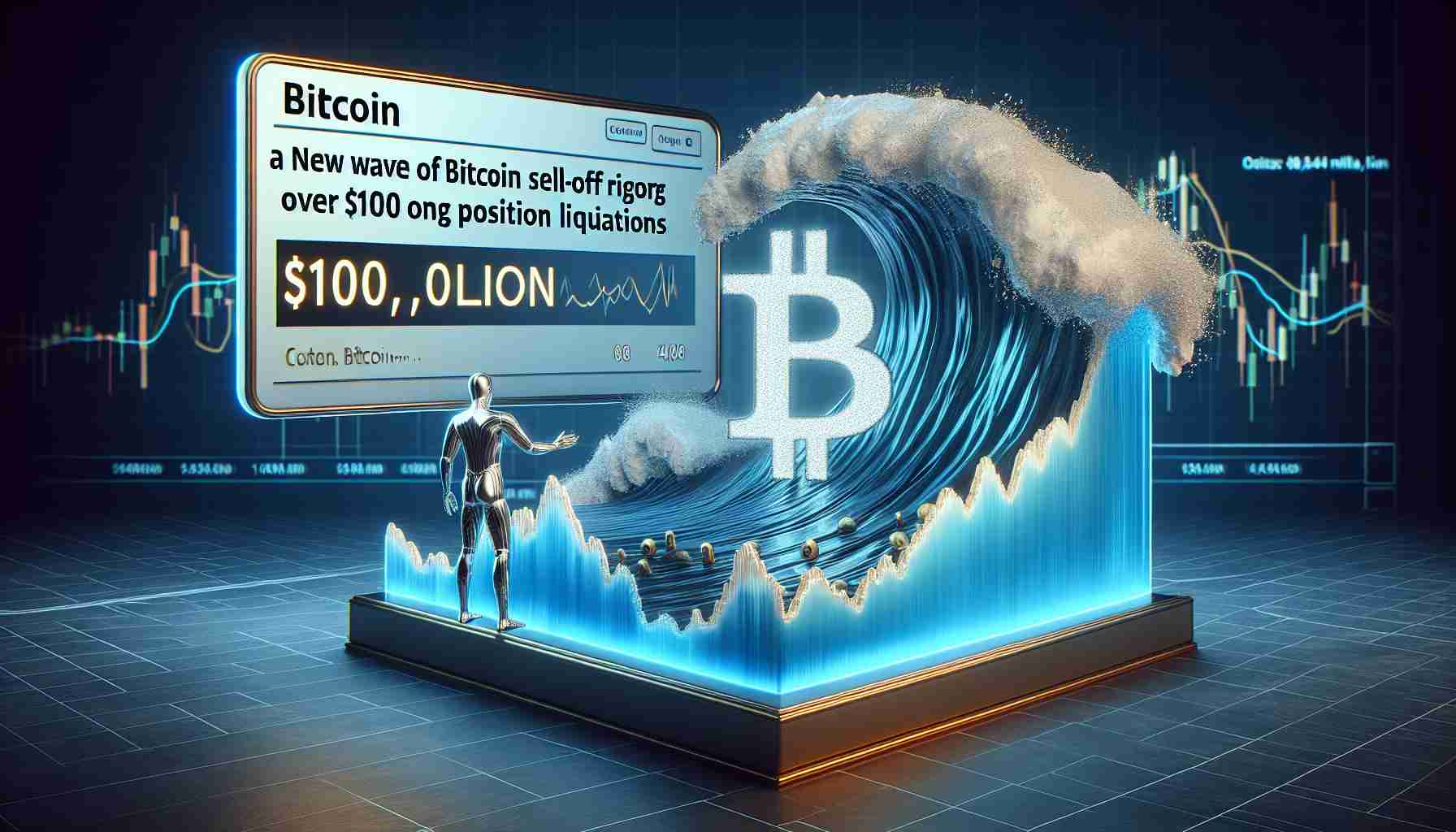 A high-definition, realistic image depicting the concept of a new wave of Bitcoin sell-off triggering over $100 million in long position liquidations. The scene should include a conceptual representation of Bitcoin, a wave symbolizing the sell-offs, and a screen showing the figure of $100 million to illustrate the extensive liquidations.