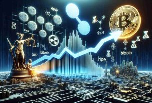 Realistic high-definition visualization of the cryptocurrency XRP rising against Bitcoin. The image could depict the conceptual representation of Ripple's ongoing legal proceedings and plans for stablecoin. Perhaps, it could display symbols and metaphors for law, conflict, and stability, along with the digital representation of XRP and Bitcoin, all against a backdrop that indicates a futuristic digital world. Try to give the words and symbols a three-dimensional appearance that reflects their virtual reality nature.