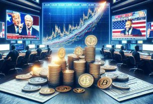 Generate a highly detailed, realistic image illustrating the concept of a cryptocurrency market rally during an unspecified election season. Picture a digital representation of a soaring cryptocurrency graph on a large screen, surrounded by smaller screens displaying news channels discussing the ongoing election process. Add a calendar with marked important dates related to both the election and cryptocurrency milestones. Stacks of physical representations of various cryptocurrencies, such as stamped metal coins with their logos, sitting on a table in the foreground, symbolizing the rallying crypto market.