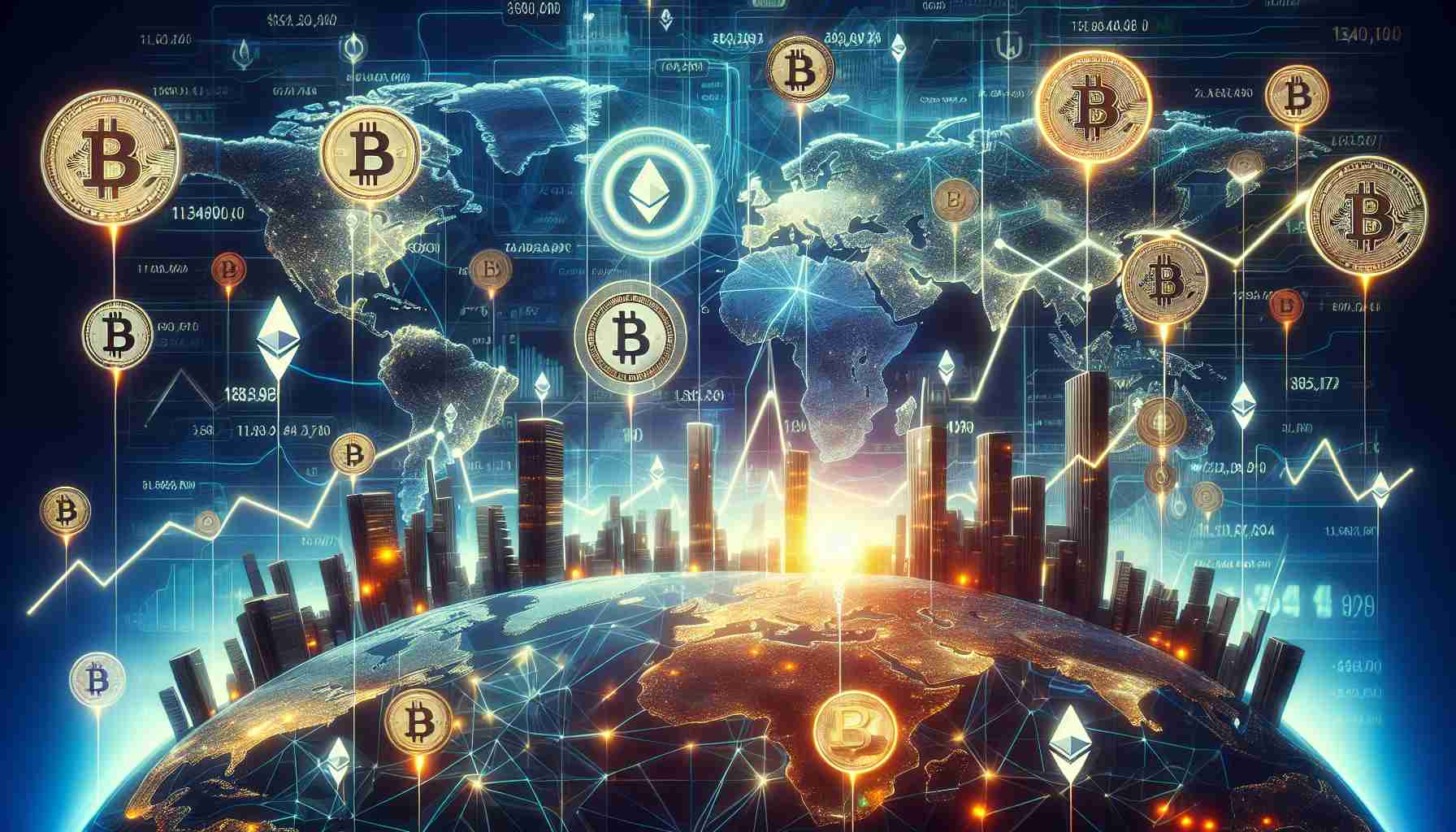 A high-definition, realistic visualization of an anticipated exponential growth in the global cryptocurrency markets by the year 2033. The image should represent a dynamic, sprawling financial markets landscape with icons of various cryptocurrencies such as Bitcoin, Ethereum and others, with the values soaring upwards. The backdrop depicts a futuristic global map showing key financial centers across various continents.