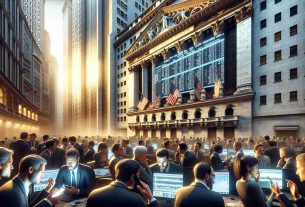 A high-definition, realistic image of Wall Street buzzing with activity in anticipation of the release of inflation data and earnings reports. The setting is in the late afternoon with the iconic Stock Exchange Building bathed in golden light. Groups of people, diverse in gender and descent, including Caucasian, Black, South Asian, and Hispanic, are engaged in intense conversations, their faces lit with excitement and anticipation. Screens display graphs and numbers, and hands are busy with cellphones and tablets. The intensity of the environment is palpable.