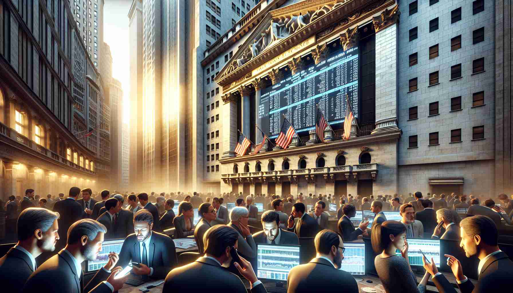 A high-definition, realistic image of Wall Street buzzing with activity in anticipation of the release of inflation data and earnings reports. The setting is in the late afternoon with the iconic Stock Exchange Building bathed in golden light. Groups of people, diverse in gender and descent, including Caucasian, Black, South Asian, and Hispanic, are engaged in intense conversations, their faces lit with excitement and anticipation. Screens display graphs and numbers, and hands are busy with cellphones and tablets. The intensity of the environment is palpable.