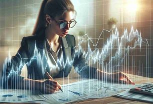 Generate a realistic, high-definition image that conceptually represents understanding stock price fluctuations. This could include a dynamic line graph showing highs and lows in stock prices over time, side by side with a person - a Caucasian woman in her 30s with glasses and professional attire - studying the movements and patterns. She's deeply analyzing the data with a pen in hand, making notes. A stack of related financial documents is visible on her desk, with several market reports. A soft ray of sunlight is coming through a partially open window beside her highlighting some parts of the room.