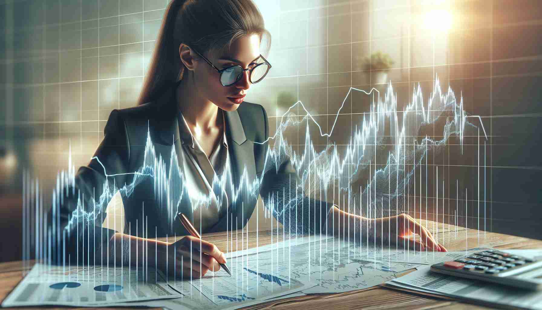 Generate a realistic, high-definition image that conceptually represents understanding stock price fluctuations. This could include a dynamic line graph showing highs and lows in stock prices over time, side by side with a person - a Caucasian woman in her 30s with glasses and professional attire - studying the movements and patterns. She's deeply analyzing the data with a pen in hand, making notes. A stack of related financial documents is visible on her desk, with several market reports. A soft ray of sunlight is coming through a partially open window beside her highlighting some parts of the room.