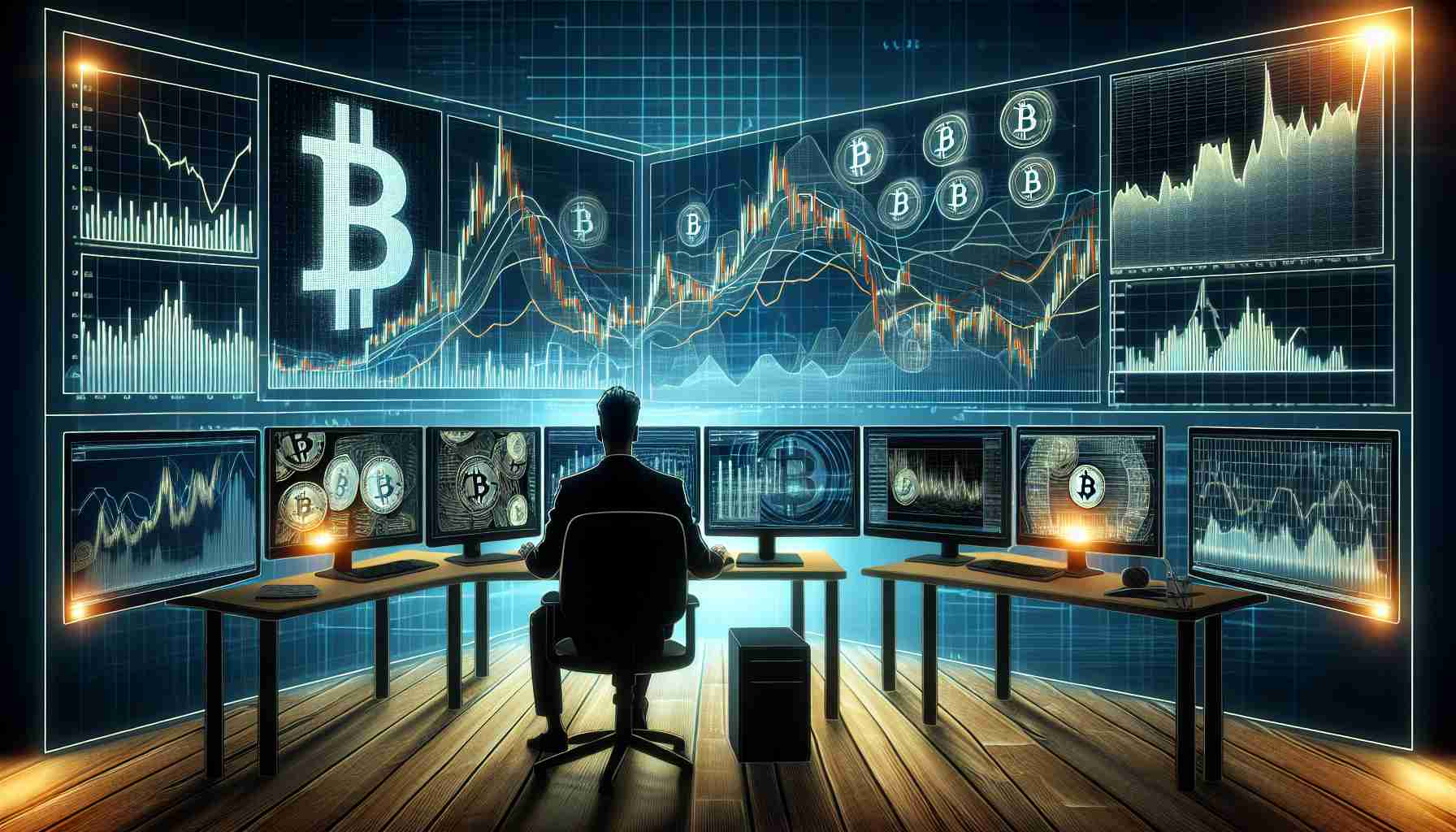 An illustration of a financial analyst in front of multiple computer screens studying complex graphs and charts, which indicate a potential reversal in Bitcoin's price trend. The scene depicts a high level of realism and details, with clarity akin to a high-definition photo. Use visual elements to evoke the concept of Cryptocurrency and market analysis, such as Bitcoin logos, financial trend lines, curves, and oscillating candlestick charts.