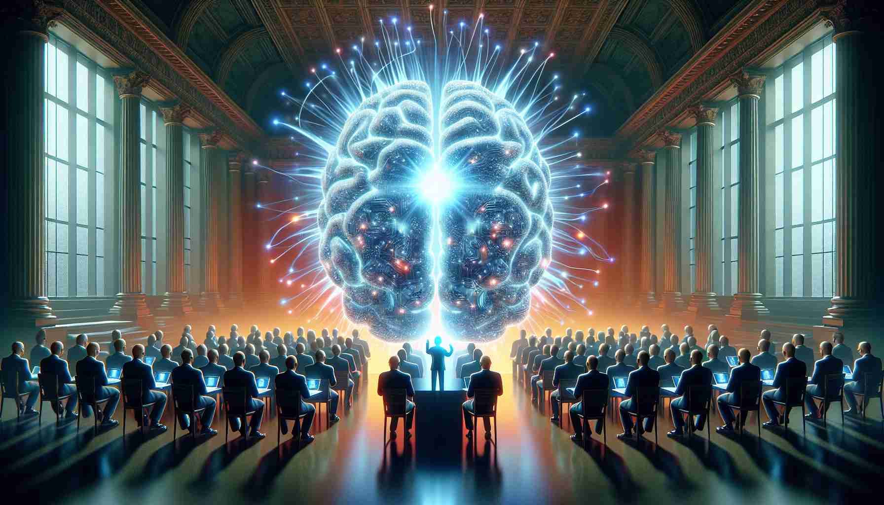 Create a high-definition realistic image illustrating the concept of advancing artificial intelligence being overlooked by political institutions in the United Kingdom. The image could show a metaphorical representation where a bright, radiant, and large computer brain symbolizes the advancing AI, located in the centre of the image. This powerful AI brain should be surrounded by allegorical figures representing political institutions. They are purposefully turning their backs to it, engrossed in their own policies and dialogues, oblivious to the AI revolution. Use muted colors to indicate their ignorance, but the AI brain should glow with bright, electrifying colours symbolizing innovation.