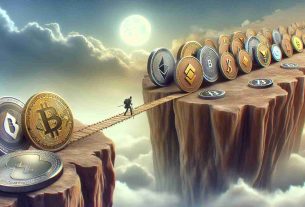 A high-definition image, depicted in a realistic style, that represents the concept of exploring cryptocurrency options under $1. The scene includes an array of coins with symbols indicative of various virtual currency types, each with a value less than $1 depicted alongside. A figurative risky path, such as a narrow bridge over a chasm or a tightrope, represents the potential risks in dealing with these low-value cryptocurrencies.