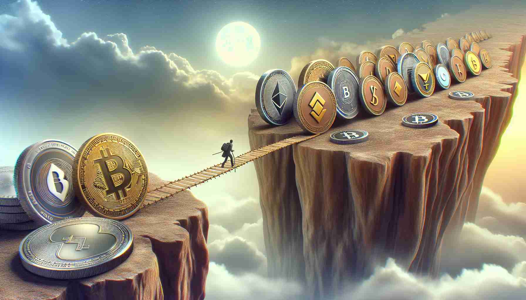 A high-definition image, depicted in a realistic style, that represents the concept of exploring cryptocurrency options under $1. The scene includes an array of coins with symbols indicative of various virtual currency types, each with a value less than $1 depicted alongside. A figurative risky path, such as a narrow bridge over a chasm or a tightrope, represents the potential risks in dealing with these low-value cryptocurrencies.