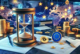 A high-definition, realistic image of European Union-based cryptocurrency companies facing imminent deadlines for environmental disclosure. The image could feature a symbolic representation of time pressure such as a sand hourglass or a ticking clock, along with highlighted reference documents carrying regulations on environmental disclosures. In the background, symbols associated with cryptocurrency like golden coins with a 'B' symbol, computer screens showing blockchain code, and a map of the European Union could be present.