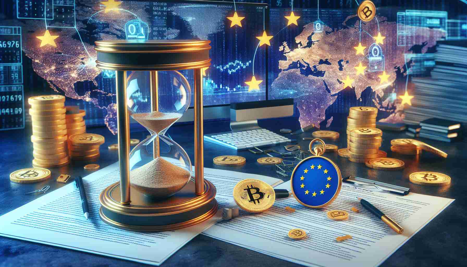 A high-definition, realistic image of European Union-based cryptocurrency companies facing imminent deadlines for environmental disclosure. The image could feature a symbolic representation of time pressure such as a sand hourglass or a ticking clock, along with highlighted reference documents carrying regulations on environmental disclosures. In the background, symbols associated with cryptocurrency like golden coins with a 'B' symbol, computer screens showing blockchain code, and a map of the European Union could be present.