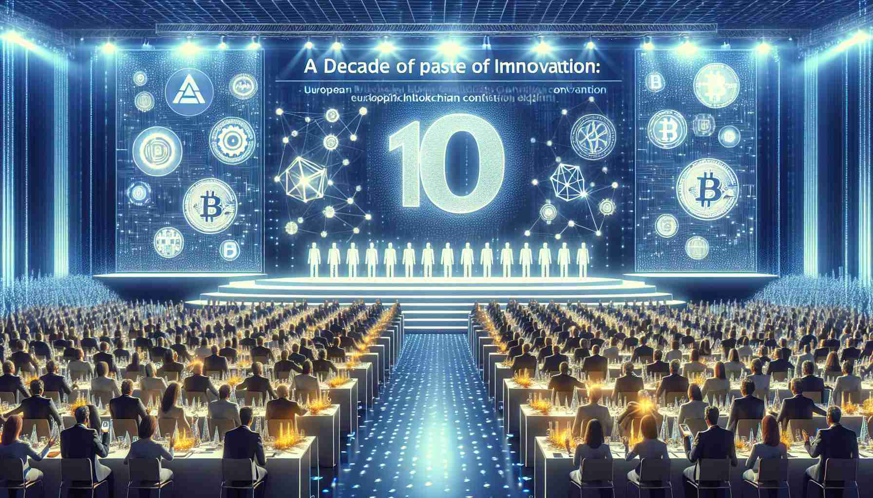 Generate a high-definition, realistic image of a grand celebration marking the 10th edition of a major European Blockchain Convention. The scene should depict hints of the past decade's innovation in blockchain technology, perhaps through symbolic representations of cryptocurrencies like Bitcoin, smart contract symbols, or distributed network schemas. There should be a large banner prominently displayed that reads, 'A Decade of Innovation: European Blockchain Convention Marks its 10th Edition'.