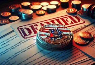 High-definition picture representing a symbolic legal battle. Visualize a well-known cryptocurrency exchange company, but without revealing its logo or trademark, being surrounded by paper documents that signify a lawsuit. These documents are tinted with the colors of the American flag, indicating a battle against a Federal agency. In the background, show a big, blurred red 'denied' stamp, depicting the main conflict of the image - a denial from a government institution regarding a freedom of information request.