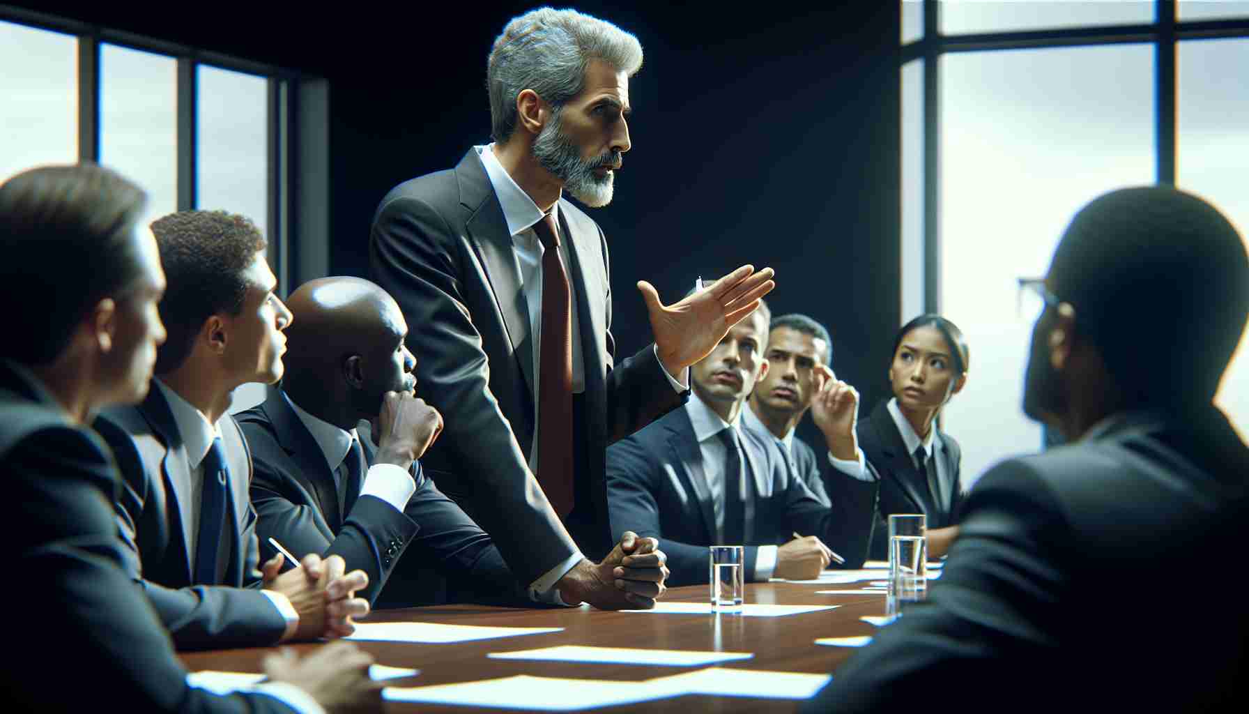 Realistic HD photo of a prominent tech entrepreneur's compensation being re-evaluated amidst legal challenges. The entrepreneur is tall and slender with short grey hair, in his late forties, has a distinct South African descent, and seen in a formal attire - a black suit, white shirt and a red tie arguing his case in a boardroom. The room is filled with papers and lawyers who are of Hispanic, Caucasian, Black and Middle-Eastern descent. The scene reflects tension and deep discussion.