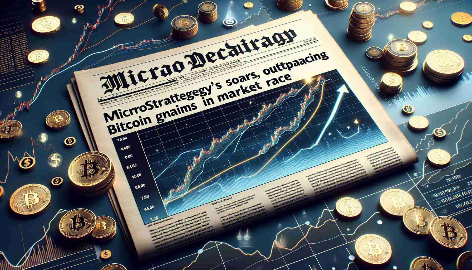 Realistic high definition image of a newspaper headline reading 'MicroStrategy's Stock Soars, Outpacing Bitcoin Gains in Market Race', along with accompanying imagery. The illustration could depict a finance chart showing a steep climb of a stock line (symbolizing MicroStrategy) outpacing another line (symbolizing Bitcoin). Other financial symbols like dollar signs, coins, and graphs can be subtly incorporated in the backdrop.