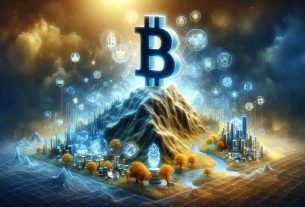 A highly detailed and realistic image showing a conceptual representation of Bitcoin ascending to new heights, represented as a prominent symbol on a mountain peak, with a lively ecosystem of NFT-related symbols like digital art pieces, virtual properties, and digital collectables thriving at the base of the mountain. The scene should be translucent, ethereal, filled with hues ranging from golden yellow to deep blue. The overall atmosphere should depict growth, digital innovation and technological advancement.