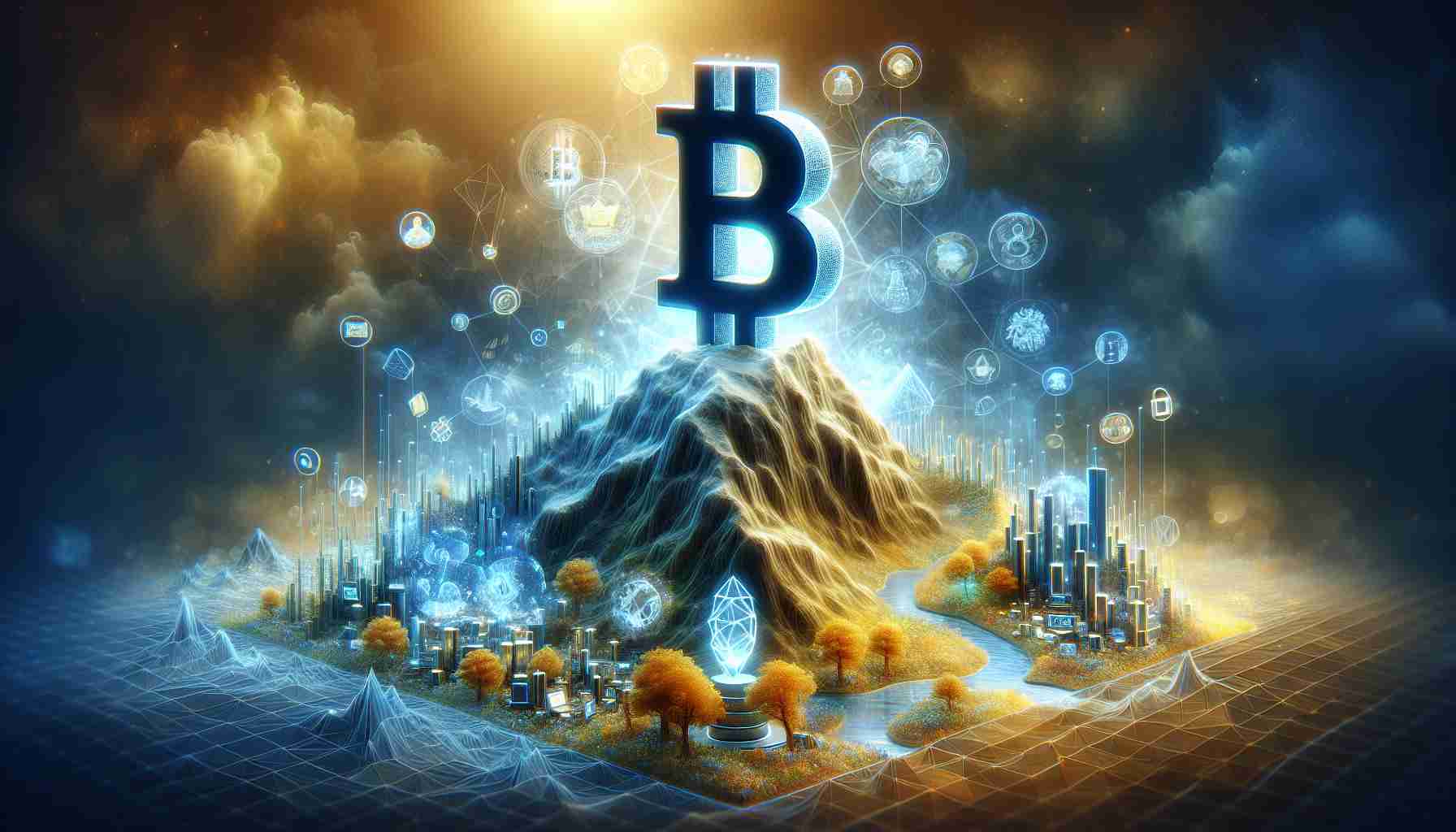 A highly detailed and realistic image showing a conceptual representation of Bitcoin ascending to new heights, represented as a prominent symbol on a mountain peak, with a lively ecosystem of NFT-related symbols like digital art pieces, virtual properties, and digital collectables thriving at the base of the mountain. The scene should be translucent, ethereal, filled with hues ranging from golden yellow to deep blue. The overall atmosphere should depict growth, digital innovation and technological advancement.