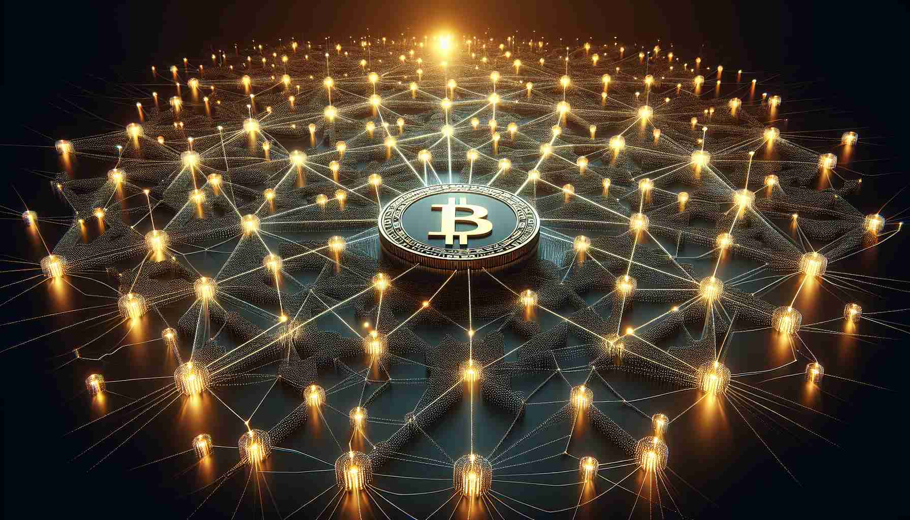 High-definition, realistic visualization of the Stacks Network facing temporary disruption due to Bitcoin chain reorganization. The scene should depict a network of interconnected nodes, represented as a multitude of dots connected by lines, in a state of confusion and disarray. Additionally, portray the Bitcoin logo prominently, emphasizing its central role in this disruption. Use visual cues such as ripples, flashes, or disconnection of lines to exemplify the nature of the disruption.