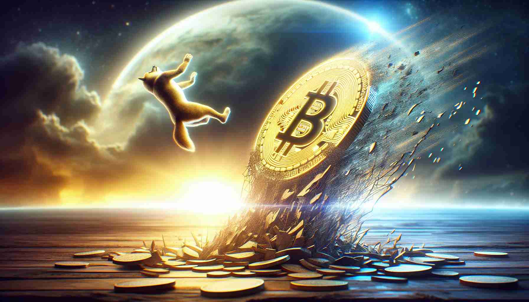 Create a realistic high-definition image of a physical representation of the Dogecoin cryptocurrency visibly falling or tumbling down, with an aura of hope and resilience in the backdrop to signify that hope for a rally or recovery persists.