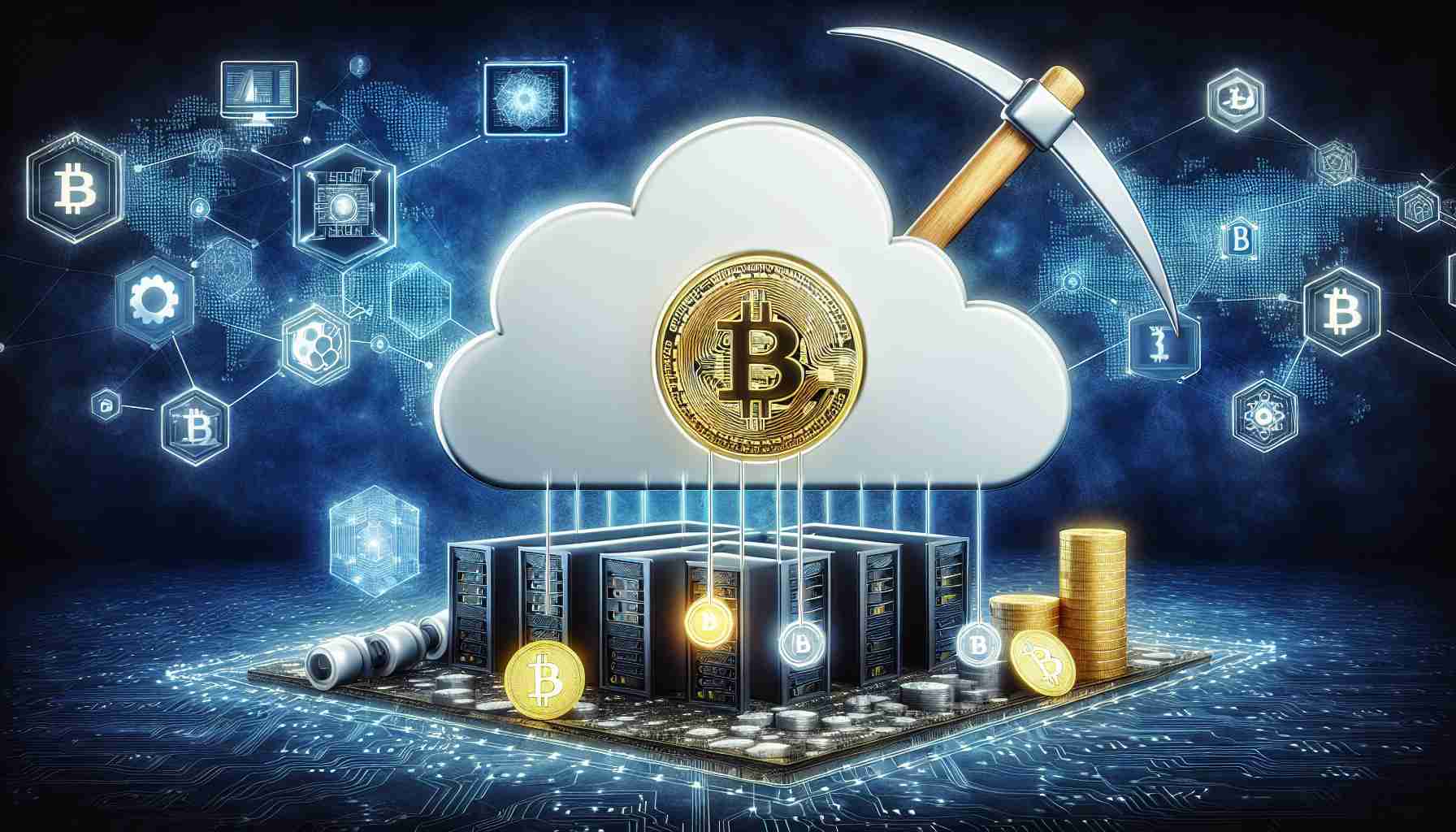 A high-definition, realistic illustration showcasing the concept of cloud mining for Bitcoin earnings. Display a symbolic representation of a cloud with a pickaxe embedded in it. Around this central image, depict visual elements that convey the mining process: complex algorithms, digital currencies, and sophisticated computer hardware. Also, include a depiction of a successful bitcoin transaction as a reward for the mining process.