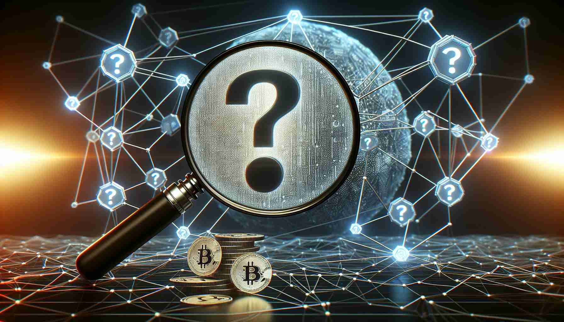 A realistic, high-definition image demonstrating the curious origins of a hypothetical cryptocurrency. The scene features a magnifying glass hovering over a complex network of interconnected nodes, signifying a blockchain, with question marks intertwined, indicating mystery and intrigue. A raised eyebrow icon, alluding to suspicion or doubt, is superimposed on the network. No specific reference to any individual or organization is included.