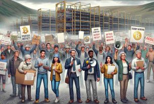 Detailed, high-definition image illustrating a state of protest in a local community. Groups of diverse individuals are holding banners and placards expressing their concerns against a nearby cryptocurrency mining operation. This protest is due to the increased level of noise and pollution. The composition includes a middle-aged Hispanic female leading the crowd, a young black man holding a placard, an older White male with a loudspeaker, and an Asian woman distributing flyers. The background features the infrastructure of the mining operation with visible smoke or pollution. Weather is slightly overcast, thereby adding certain gravity to the scene.