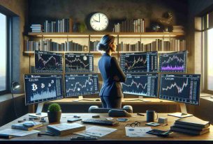 Generate a high-definition, realistic image representing long-term investment strategy in cryptocurrency for sustainable wealth. The scene features a financial analyst, a Caucasian woman in a business suit, looking at multi-monitor setup displaying various cryptocurrency market graphs, with Bitcoin, Ethereum, and other prominent coins. A digital clock in the background shows times in different markets around the world. The bookshelves hold an array of books about finance and cryptocurrency. The table is strewn with paper reports of various investments, coffee mugs, and a desk plant for a hint of green. The room is lit with soft, indirect lighting.