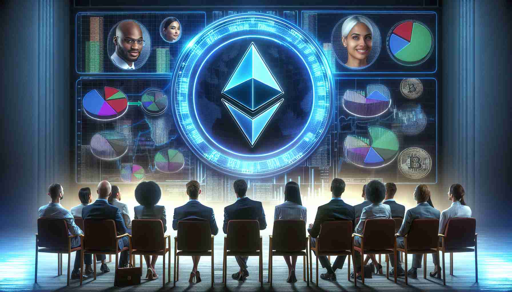 A high-definition image capturing the sense of anticipation surrounding the possibility of Ethereum ETFs. The center of the image features a large, symbolic Ethereum logo. Surrounding it, a diverse group of individuals looking eagerly at the logo - perhaps an African, female stock trader, a caucasian, male investor, and a Hispanic, female financial advisor. The backdrop includes financial graphs and charts implying ongoing SEC deliberations. Please compose this scene as realistically as possible.