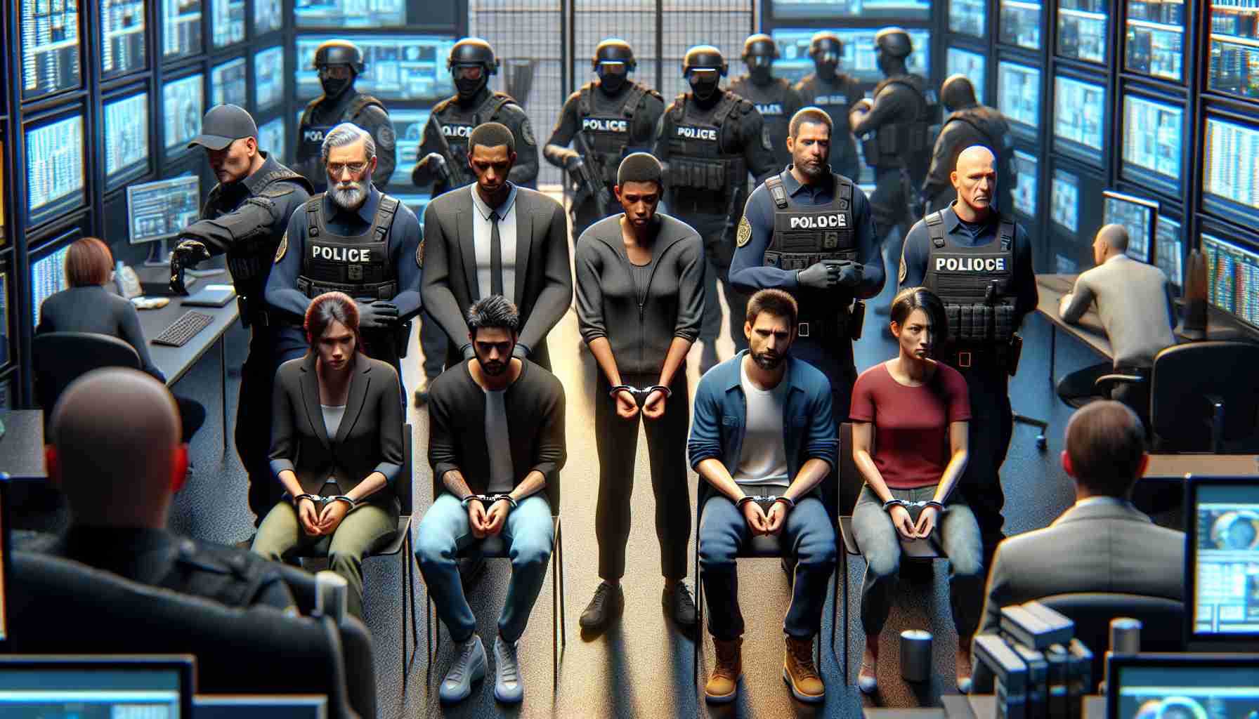 Realistic high-definition image featuring a fictional scene where an international group of individuals involved in a cryptocurrency theft ring are apprehended by law enforcement officials. The scene should depict diverse ethnicity of the individuals including Caucasian, Hispanic, Black, Middle-Eastern, and South Asian. Incorporate different genders in both groups - the culprits and the law enforcement officers. Place the scene in an environment typically associated with virtual crime like a high-tech lab with various equipment. Ensure details that symbolize justice such as handcuffs and law enforcement badges.