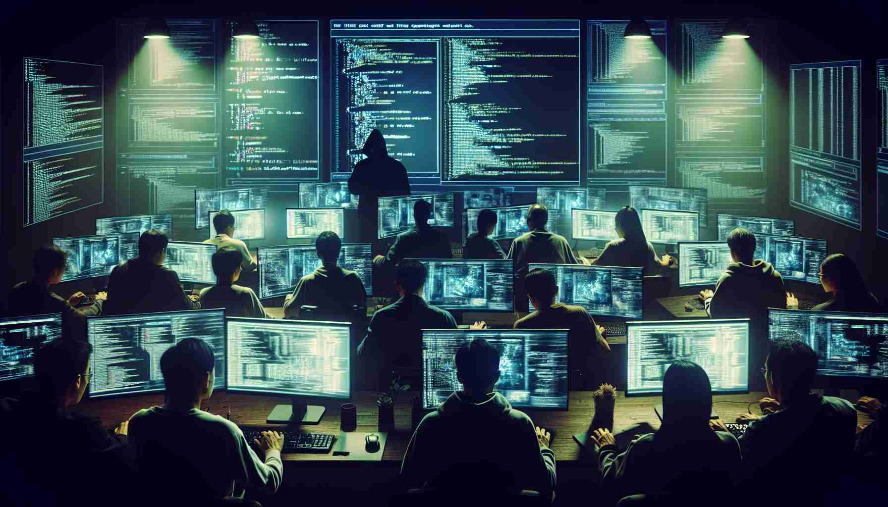 Generate a high-definition, realistic image showcasing a scene of a major digital currency theft. This should depict a group of Vietnamese individuals, distinguished by their accents, gathered around multiple screens with complex coding displayed. The atmosphere should be intense and filled with suspense. The ambiance should reflect the late-night timing with low light and multiple computers giving off a ghostly illumination. No face details are necessary, focus on showcasing the seriousness and complexity of the activity.