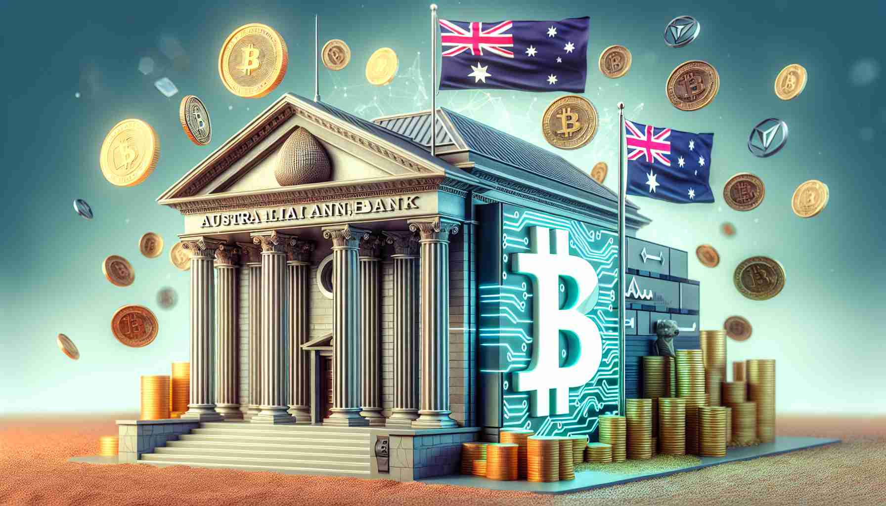 A high-definition, realistic illustration showcasing a scene where a prominent Australian bank, represented by a typical banking architecture, is investing in a cryptocurrency custody firm, indicated by an emblem of blockchain technology or cryptocurrency. The architecture of the bank is grand and traditionally Australian, while the crypto firm is depicted with modern, innovative elements. Between them is a symbolic representation of an investment being made, perhaps dollars turning into bitcoins.